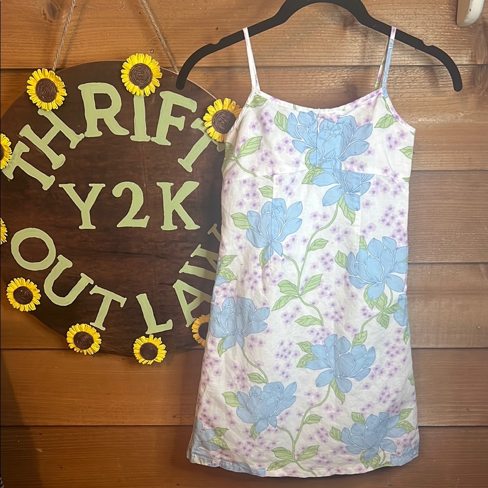Vintage Y2K Old Navy Linen Cotton Floral Spring Summer Girls Dress Blue Purple